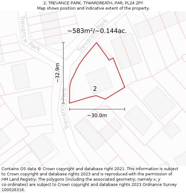 2, TREVANCE PARK, TYWARDREATH, PAR, PL24 2PY: Plot and title map