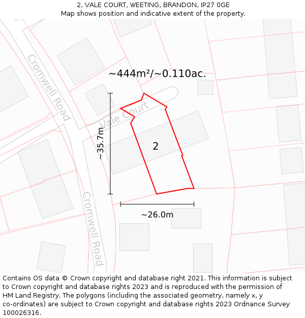 2, VALE COURT, WEETING, BRANDON, IP27 0GE: Plot and title map