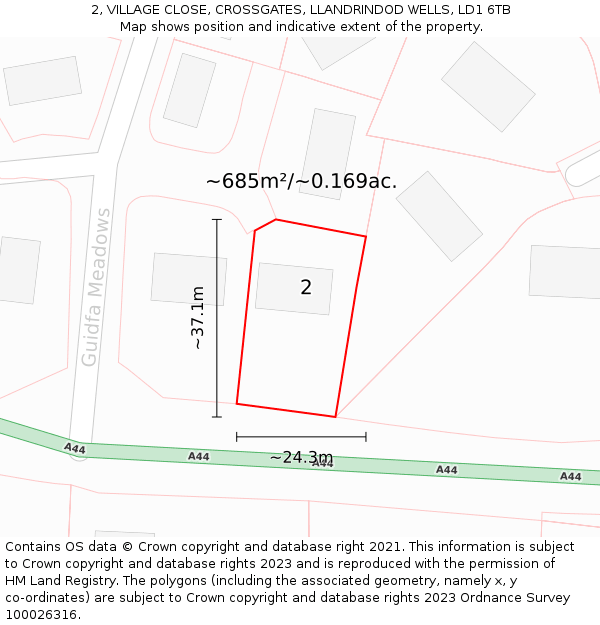 2, VILLAGE CLOSE, CROSSGATES, LLANDRINDOD WELLS, LD1 6TB: Plot and title map