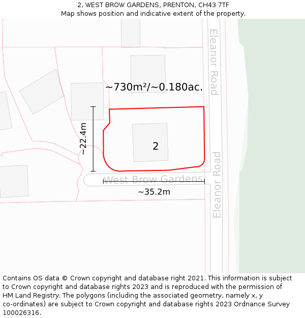 2, WEST BROW GARDENS, PRENTON, CH43 7TF: Plot and title map