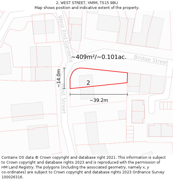 2, WEST STREET, YARM, TS15 9BU: Plot and title map