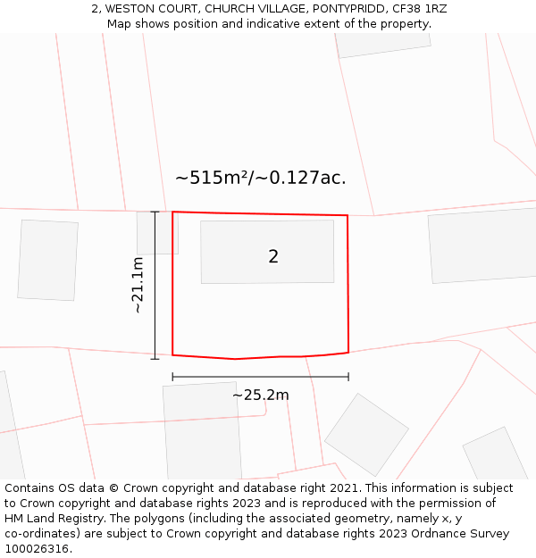 2, WESTON COURT, CHURCH VILLAGE, PONTYPRIDD, CF38 1RZ: Plot and title map