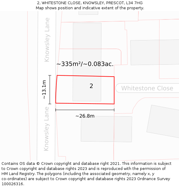 2, WHITESTONE CLOSE, KNOWSLEY, PRESCOT, L34 7HG: Plot and title map