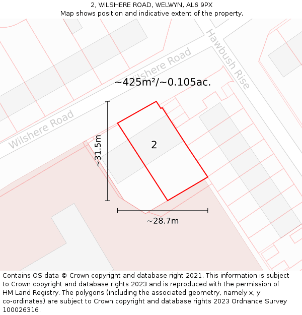 2, WILSHERE ROAD, WELWYN, AL6 9PX: Plot and title map