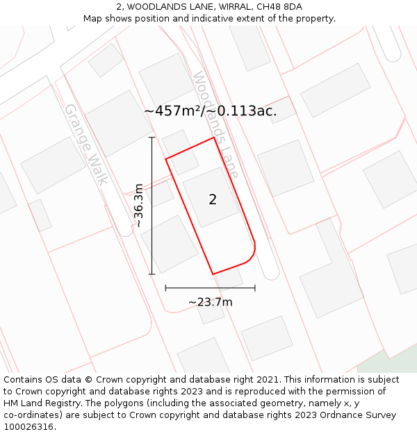 2, WOODLANDS LANE, WIRRAL, CH48 8DA: Plot and title map