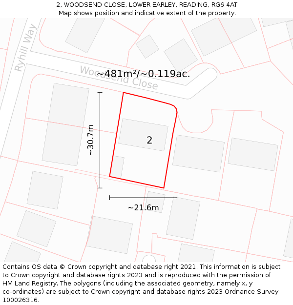 2, WOODSEND CLOSE, LOWER EARLEY, READING, RG6 4AT: Plot and title map