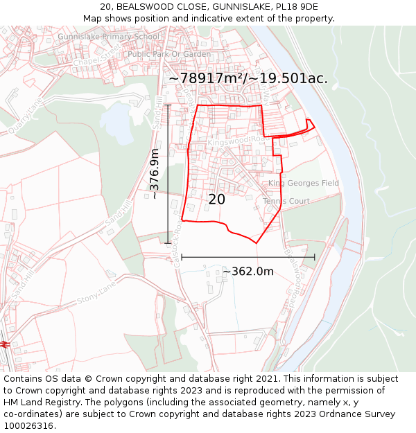 20, BEALSWOOD CLOSE, GUNNISLAKE, PL18 9DE: Plot and title map