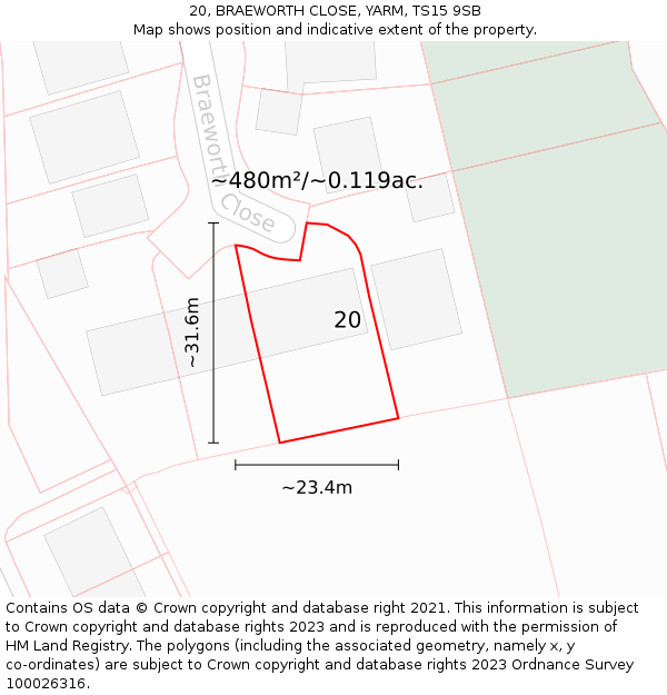 20, BRAEWORTH CLOSE, YARM, TS15 9SB: Plot and title map