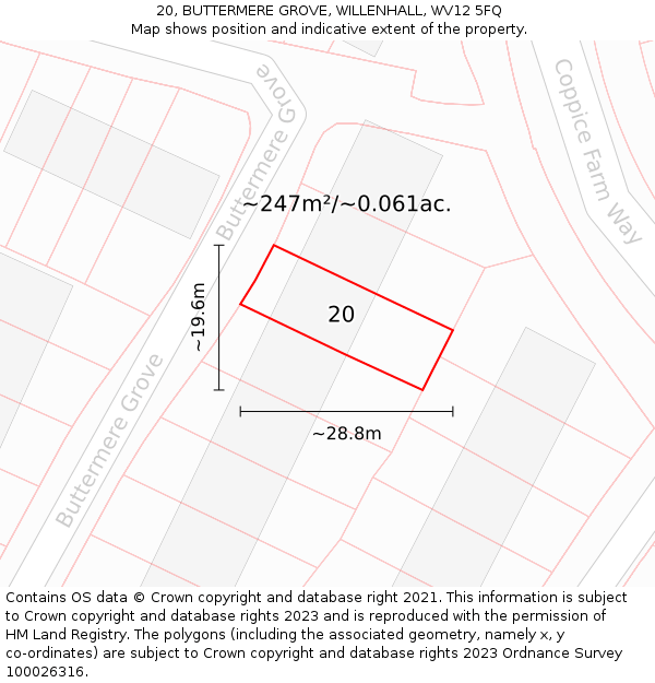 20, BUTTERMERE GROVE, WILLENHALL, WV12 5FQ: Plot and title map