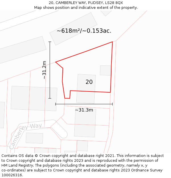 20, CAMBERLEY WAY, PUDSEY, LS28 8QX: Plot and title map