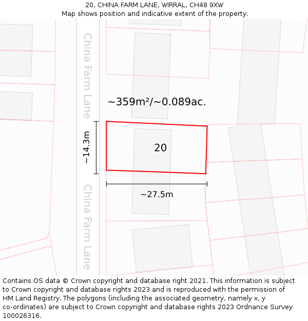 20, CHINA FARM LANE, WIRRAL, CH48 9XW: Plot and title map