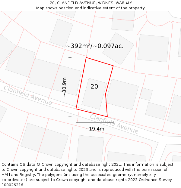 20, CLANFIELD AVENUE, WIDNES, WA8 4LY: Plot and title map