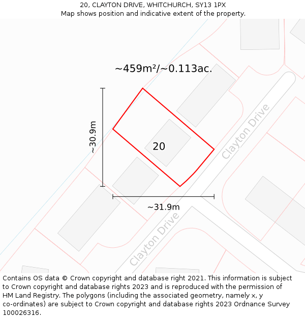 20, CLAYTON DRIVE, WHITCHURCH, SY13 1PX: Plot and title map