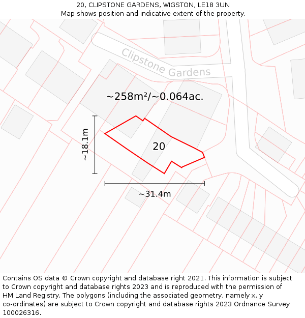 20, CLIPSTONE GARDENS, WIGSTON, LE18 3UN: Plot and title map