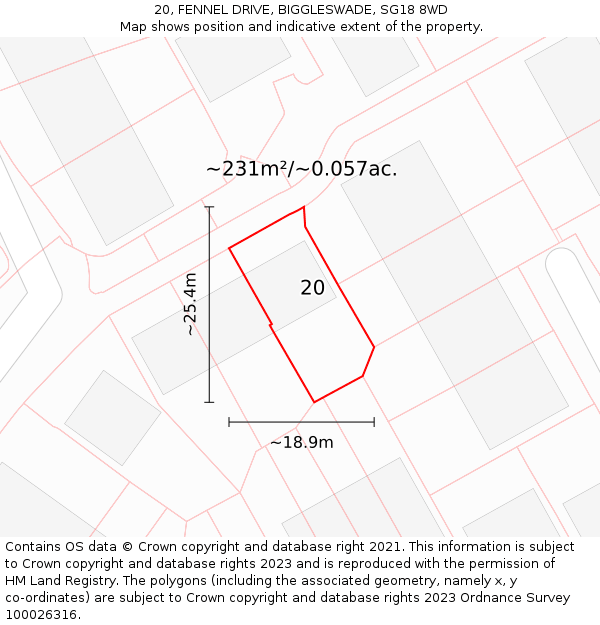 20, FENNEL DRIVE, BIGGLESWADE, SG18 8WD: Plot and title map