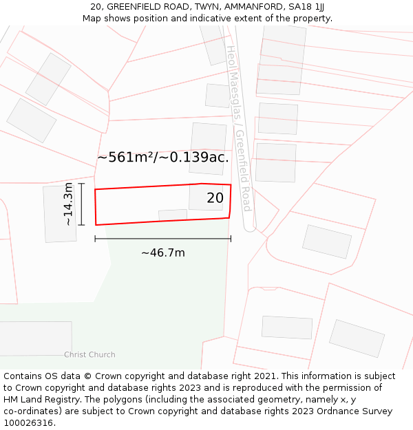 20, GREENFIELD ROAD, TWYN, AMMANFORD, SA18 1JJ: Plot and title map