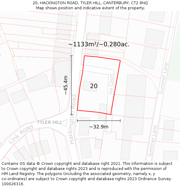 20, HACKINGTON ROAD, TYLER HILL, CANTERBURY, CT2 9NQ: Plot and title map