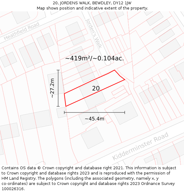 20, JORDENS WALK, BEWDLEY, DY12 1JW: Plot and title map