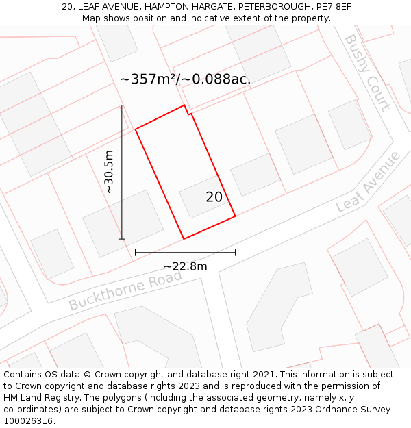 20, LEAF AVENUE, HAMPTON HARGATE, PETERBOROUGH, PE7 8EF: Plot and title map