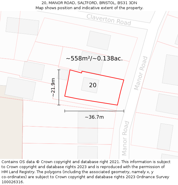 20, MANOR ROAD, SALTFORD, BRISTOL, BS31 3DN: Plot and title map