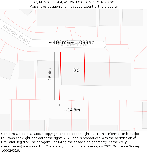20, MENDLESHAM, WELWYN GARDEN CITY, AL7 2QG: Plot and title map