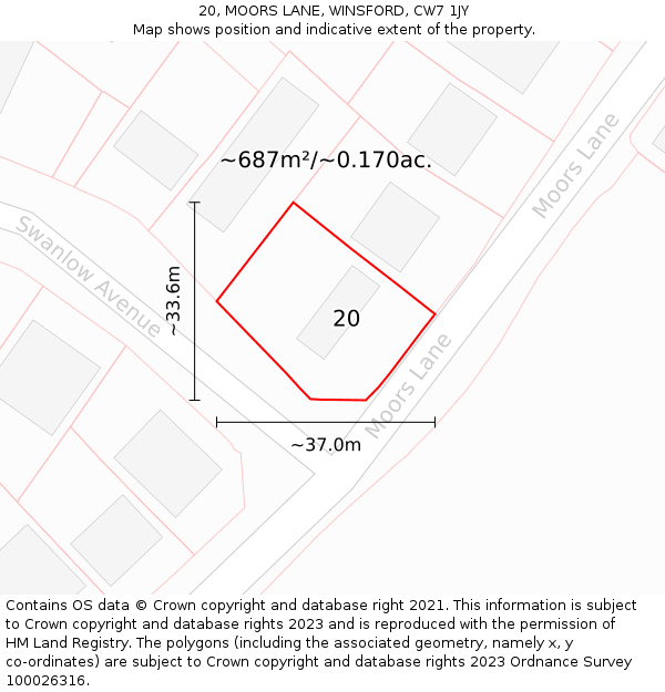 20, MOORS LANE, WINSFORD, CW7 1JY: Plot and title map