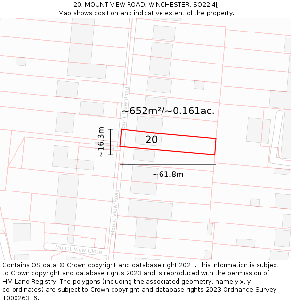 20, MOUNT VIEW ROAD, WINCHESTER, SO22 4JJ: Plot and title map