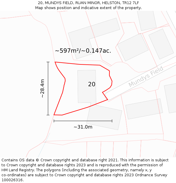 20, MUNDYS FIELD, RUAN MINOR, HELSTON, TR12 7LF: Plot and title map