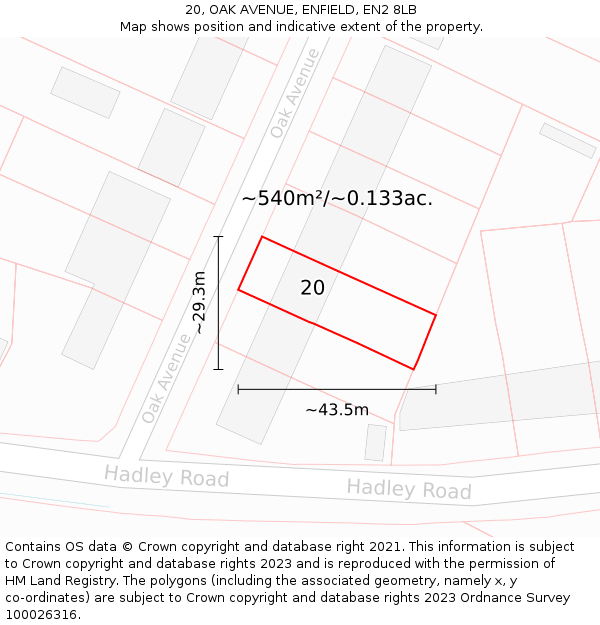 20, OAK AVENUE, ENFIELD, EN2 8LB: Plot and title map