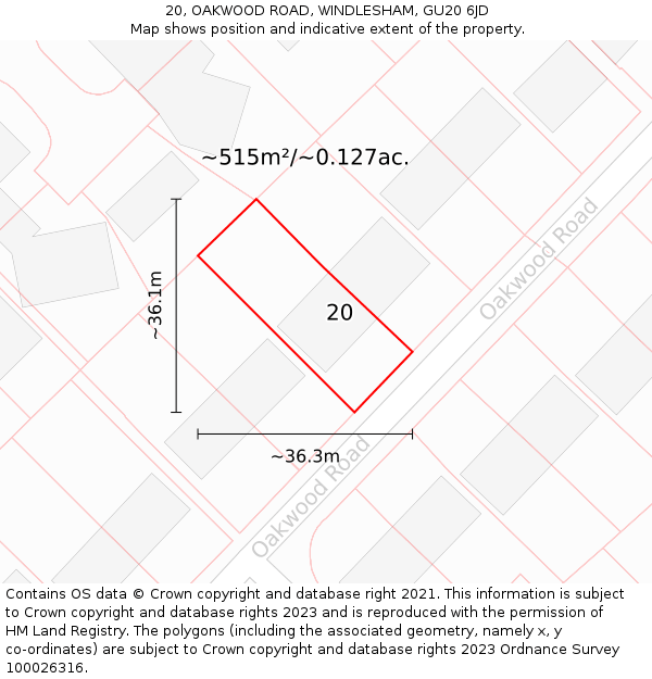 20, OAKWOOD ROAD, WINDLESHAM, GU20 6JD: Plot and title map