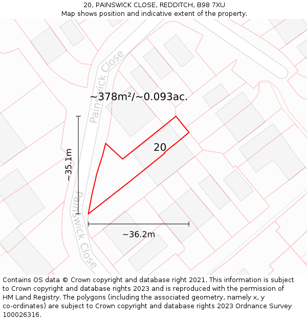 20, PAINSWICK CLOSE, REDDITCH, B98 7XU: Plot and title map