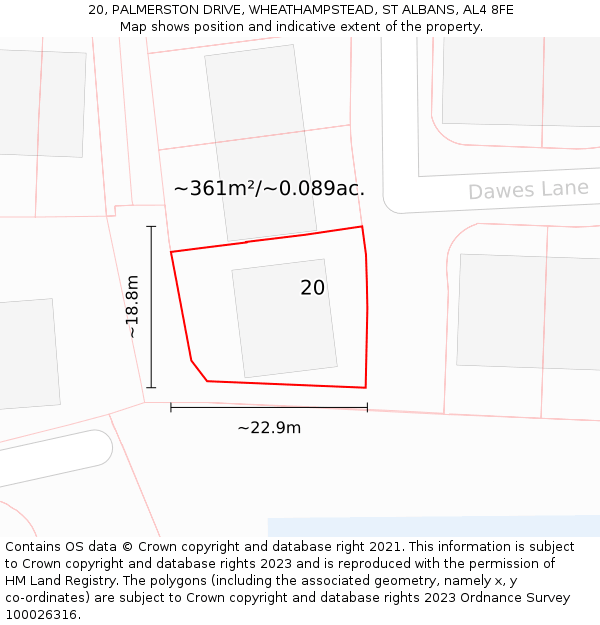 20, PALMERSTON DRIVE, WHEATHAMPSTEAD, ST ALBANS, AL4 8FE: Plot and title map