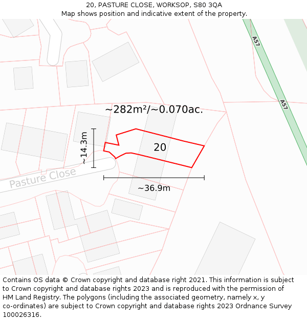 20, PASTURE CLOSE, WORKSOP, S80 3QA: Plot and title map