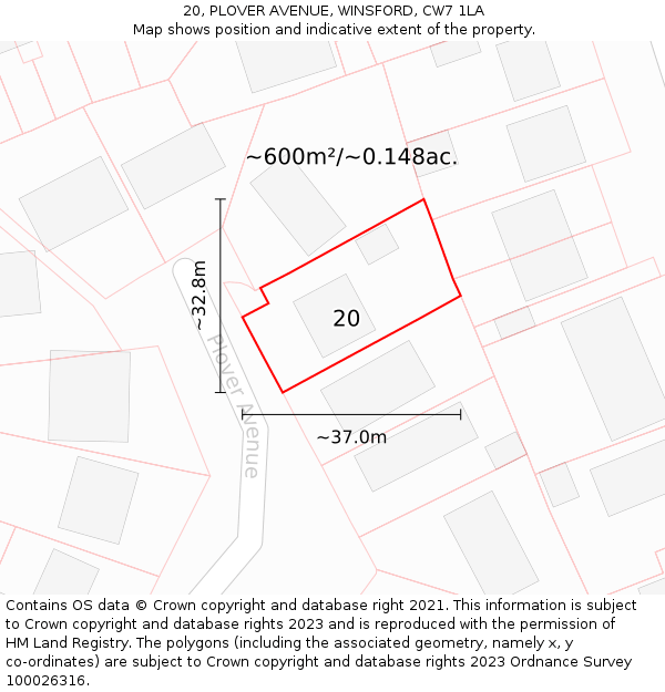 20, PLOVER AVENUE, WINSFORD, CW7 1LA: Plot and title map