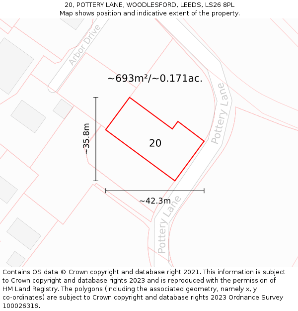 20, POTTERY LANE, WOODLESFORD, LEEDS, LS26 8PL: Plot and title map