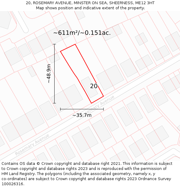 20, ROSEMARY AVENUE, MINSTER ON SEA, SHEERNESS, ME12 3HT: Plot and title map