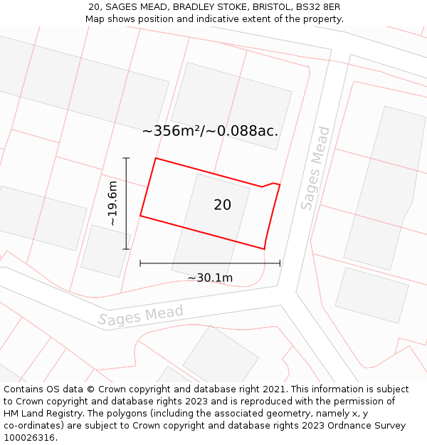 20, SAGES MEAD, BRADLEY STOKE, BRISTOL, BS32 8ER: Plot and title map