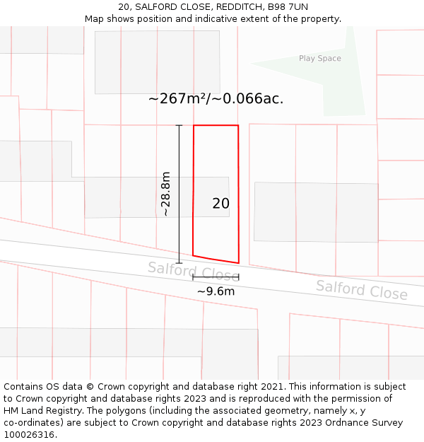20, SALFORD CLOSE, REDDITCH, B98 7UN: Plot and title map