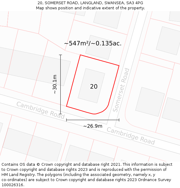 20, SOMERSET ROAD, LANGLAND, SWANSEA, SA3 4PG: Plot and title map