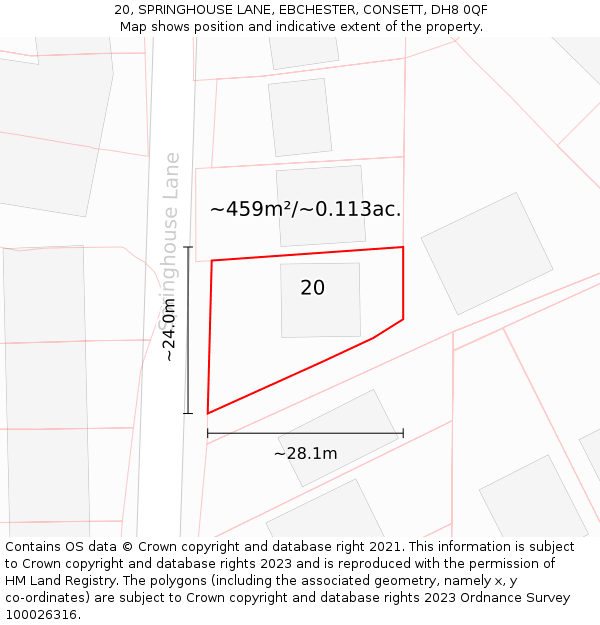 20, SPRINGHOUSE LANE, EBCHESTER, CONSETT, DH8 0QF: Plot and title map