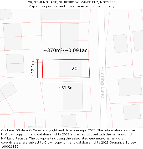 20, STINTING LANE, SHIREBROOK, MANSFIELD, NG20 8EE: Plot and title map