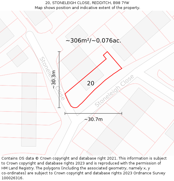 20, STONELEIGH CLOSE, REDDITCH, B98 7YW: Plot and title map