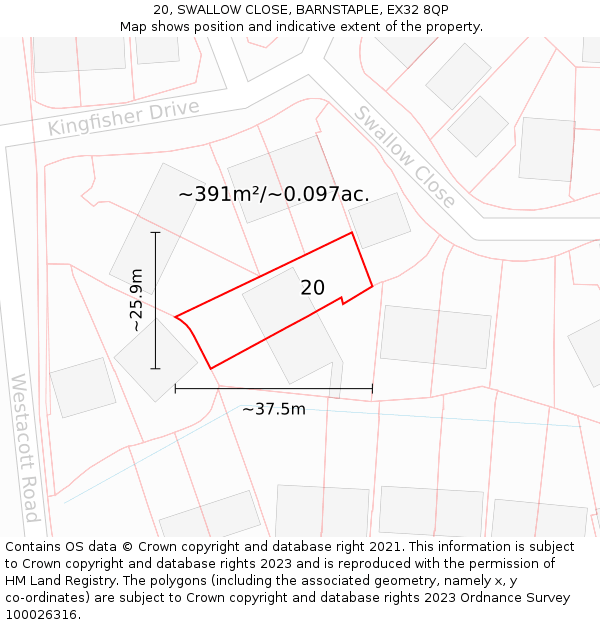 20, SWALLOW CLOSE, BARNSTAPLE, EX32 8QP: Plot and title map