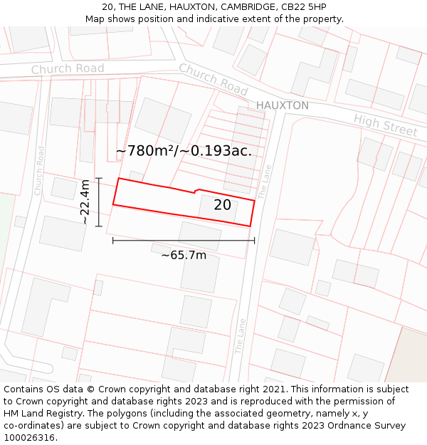 20, THE LANE, HAUXTON, CAMBRIDGE, CB22 5HP: Plot and title map