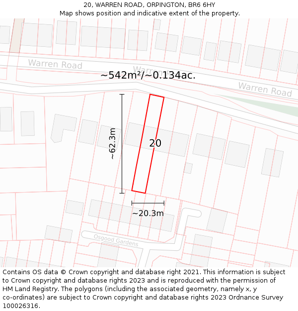 20, WARREN ROAD, ORPINGTON, BR6 6HY: Plot and title map