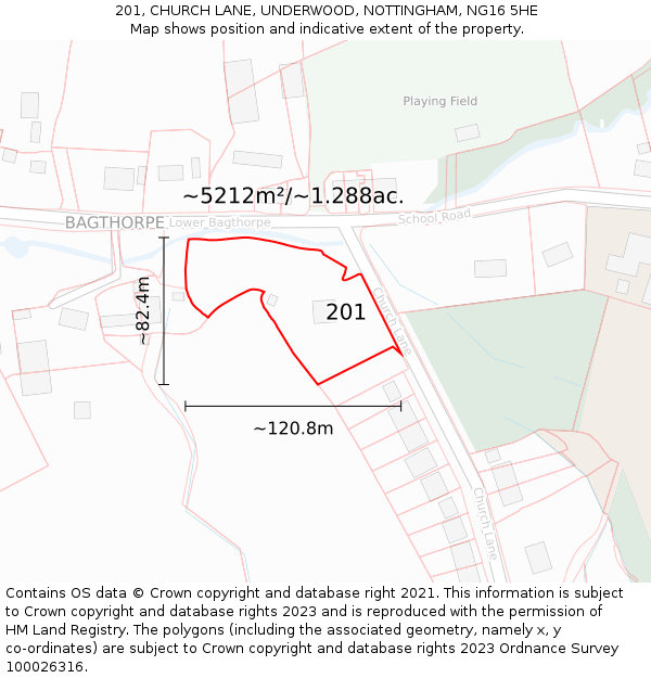 201, CHURCH LANE, UNDERWOOD, NOTTINGHAM, NG16 5HE: Plot and title map