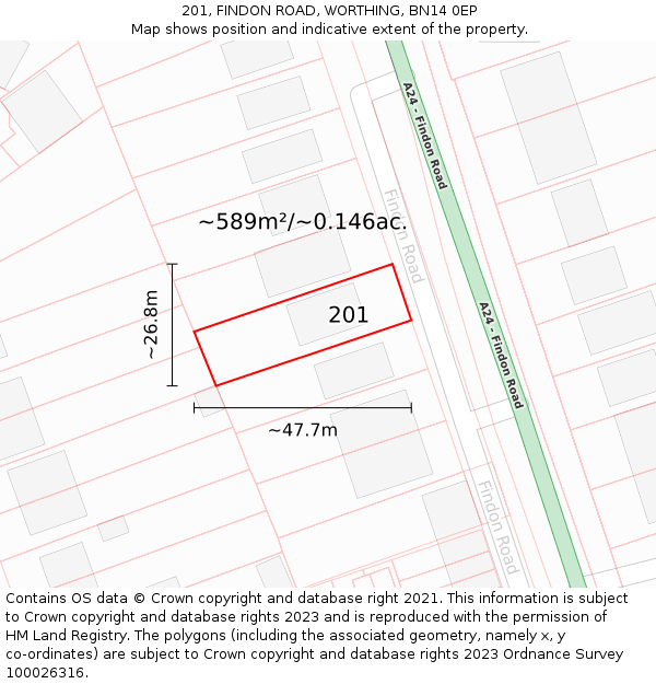 201, FINDON ROAD, WORTHING, BN14 0EP: Plot and title map