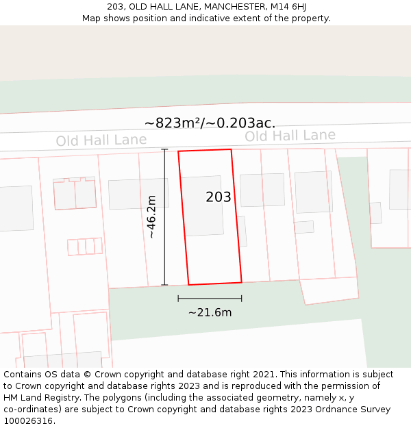 203, OLD HALL LANE, MANCHESTER, M14 6HJ: Plot and title map