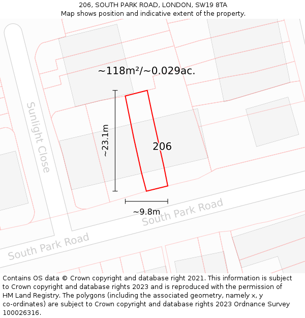 206, SOUTH PARK ROAD, LONDON, SW19 8TA: Plot and title map