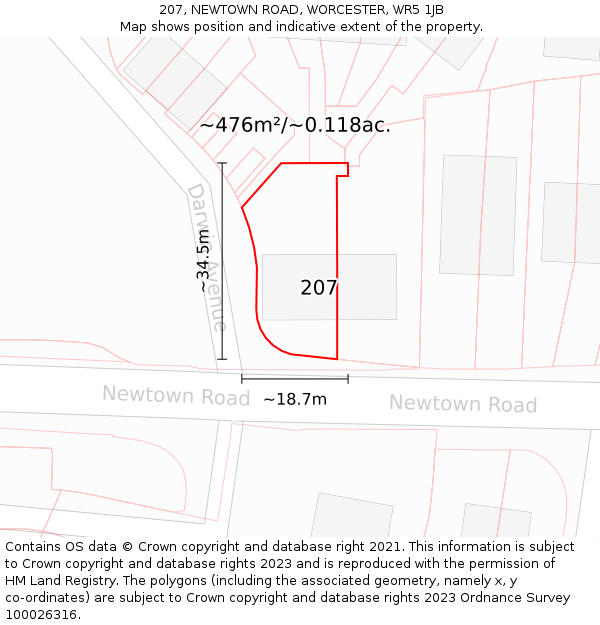 207, NEWTOWN ROAD, WORCESTER, WR5 1JB: Plot and title map